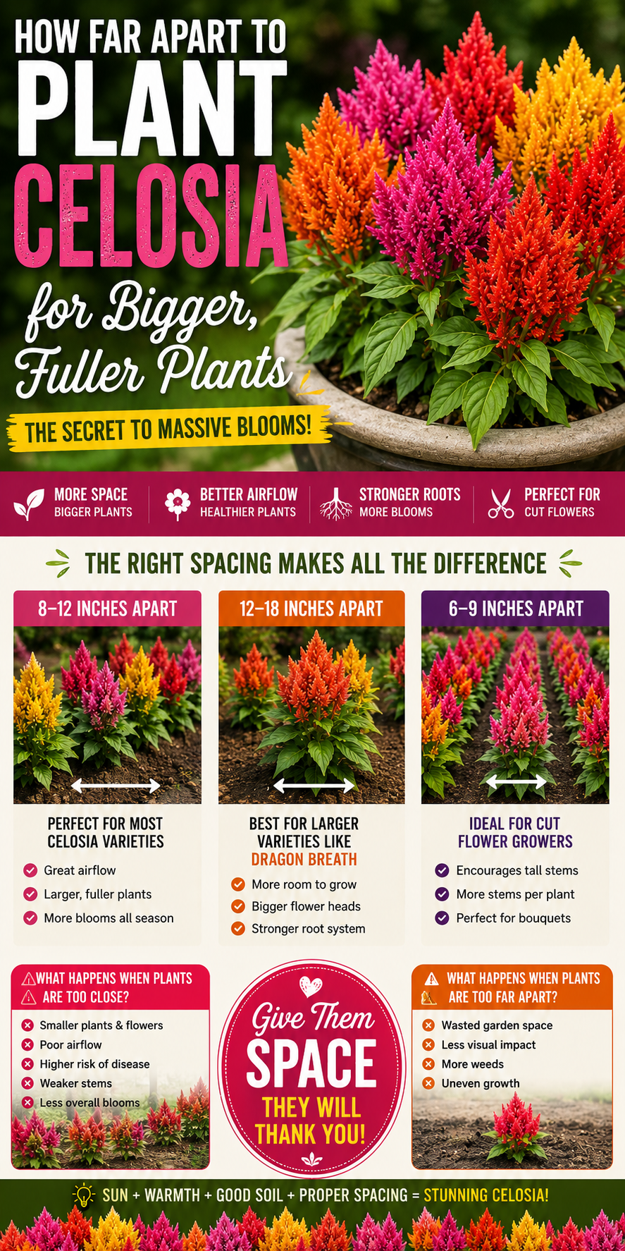 Colorful celosia flowers planted at proper spacing showing how correct plant distance improves airflow, root growth, flower production, and overall plant size.