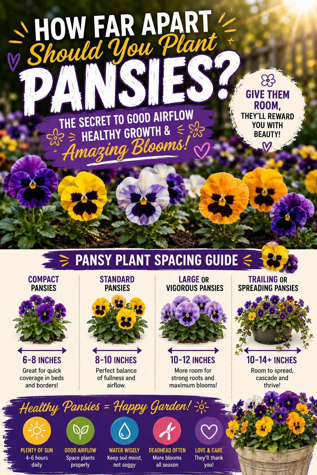 Colorful pansy spacing guide showing how far apart to plant pansies for healthy growth, good airflow, strong roots, and more flowers.