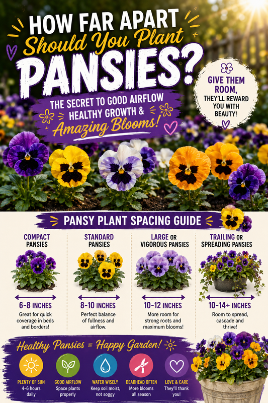Colorful pansy spacing guide showing how far apart to plant pansies for healthy growth, good airflow, strong roots, and more flowers.