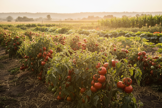 Ripe red tomatoes on the vine in a summer garden under intense heat and bright sunlight