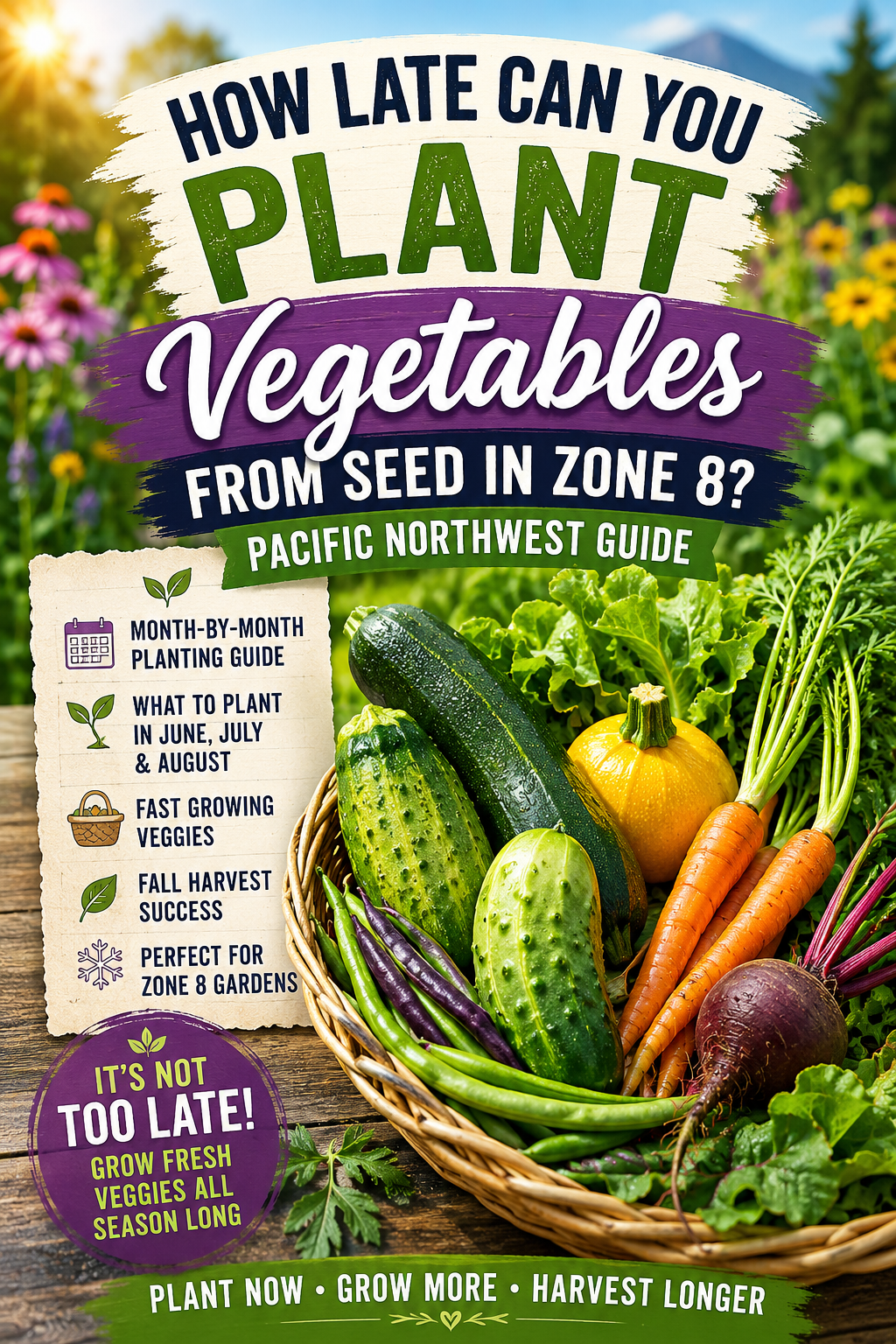 Basket of homegrown vegetables with text about how late to plant vegetables from seed in Zone 8 Washington and the Pacific Northwest for a successful fall harvest.