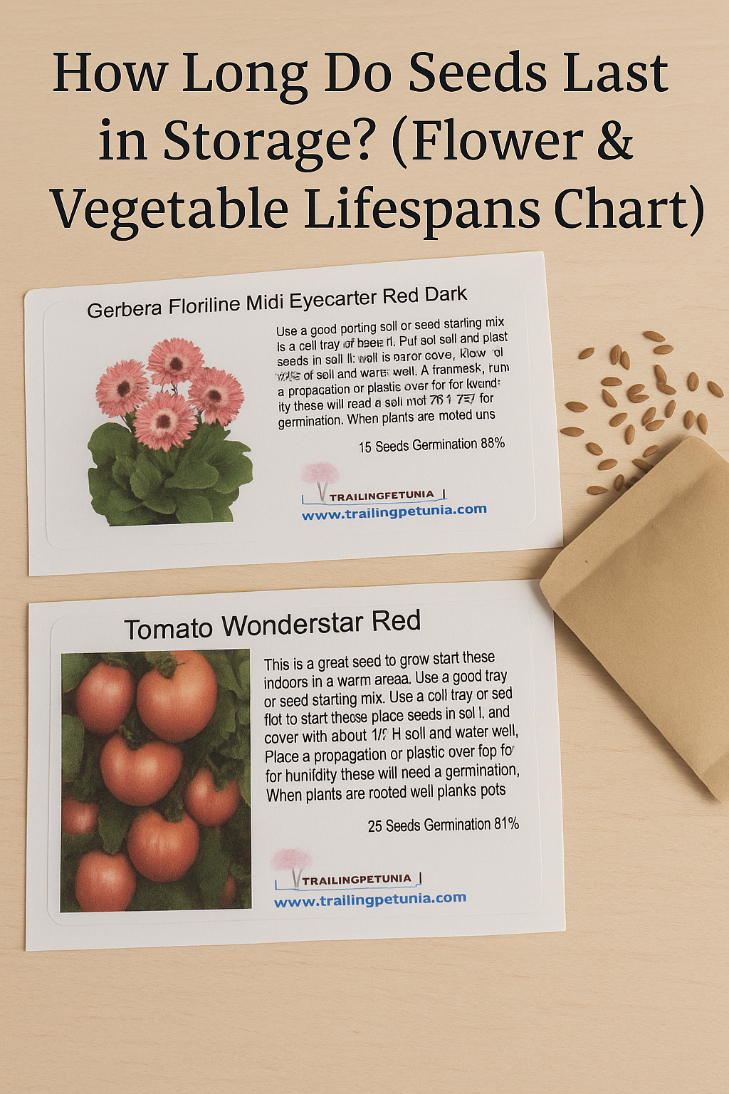  seed packets for Gerbera and Tomato displayed on a table with overlay text asking how long seeds last in storage, promoting flower and vegetable viability guide