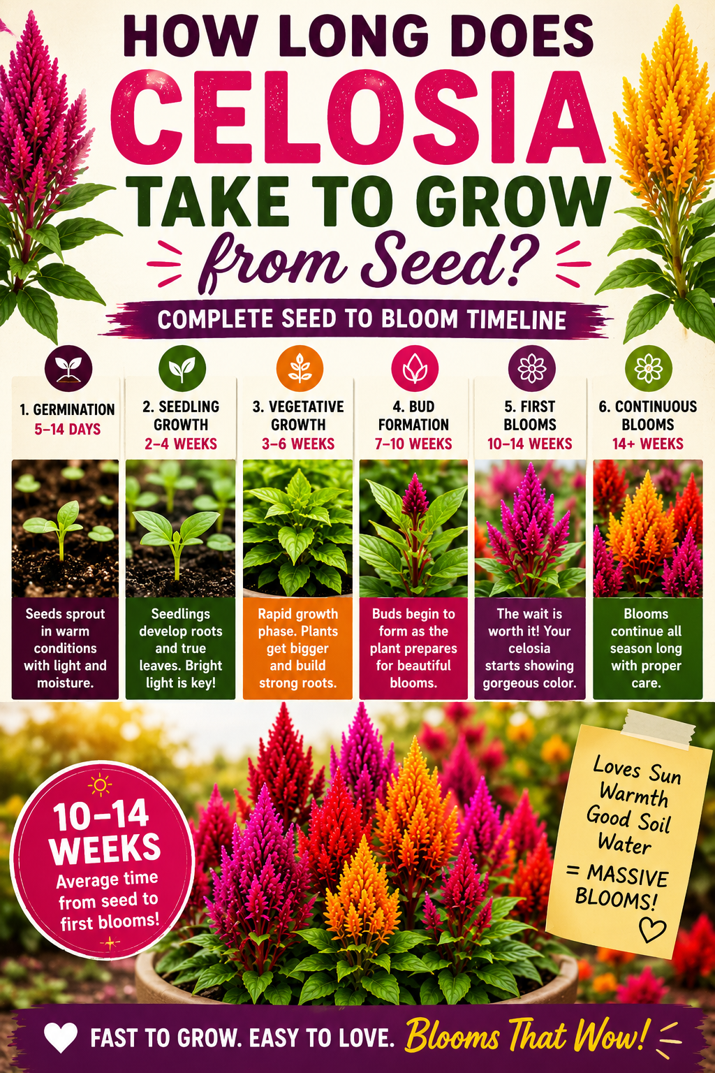 Celosia seed to bloom timeline showing germination, seedling growth, vegetative growth, bud formation, and colorful celosia flowers blooming 10 to 14 weeks after sowing seed.