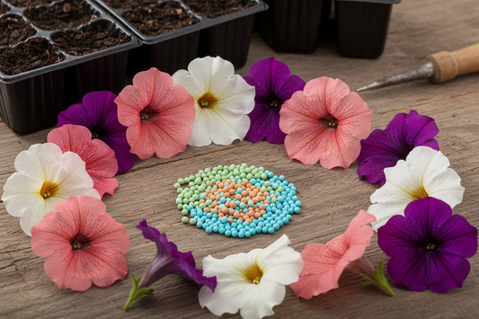 Colorful pelleted petunia seeds and blooms in pink, purple, coral, and white arranged with plug trays on a rustic wood surface