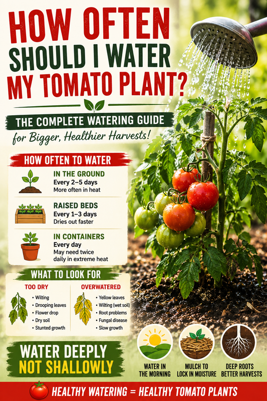 Healthy tomato plant being watered correctly with ripe tomatoes developing, illustrating how often to water tomato plants in containers, raised beds, and gardens for maximum growth and harvests.