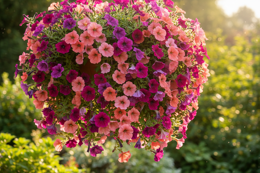 Trailing petunias in full bloom cascading from a hanging basket — magenta, violet, coral, and pink varieties in a sunny garden