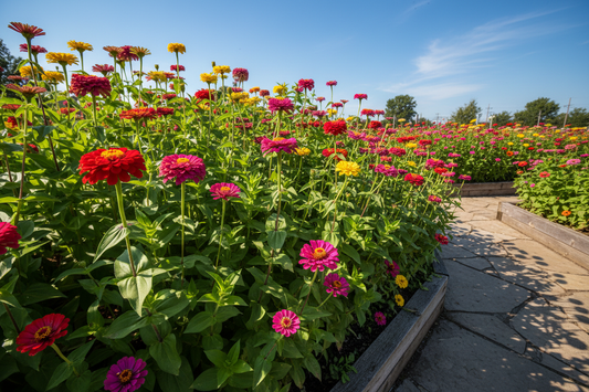 Professional cut flower garden with massive zinnia blooms in rich jewel tones — scarlet, yellow, pink, and purple