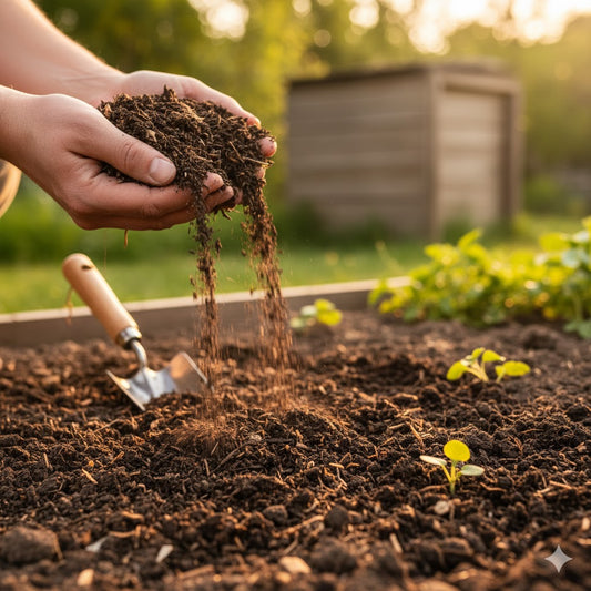 A beginner gardener's guide to mixing dark, nutrient-rich soil with organic compost and amendments for building healthy garden beds