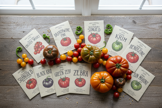 Assorted tomato seed packets with fresh cherry, beefsteak, and heirloom tomatoes on a rustic wooden surface
