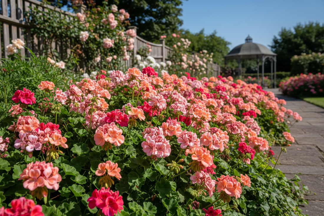 Vibrant salmon and rose geranium flowers blooming in a summer garden border