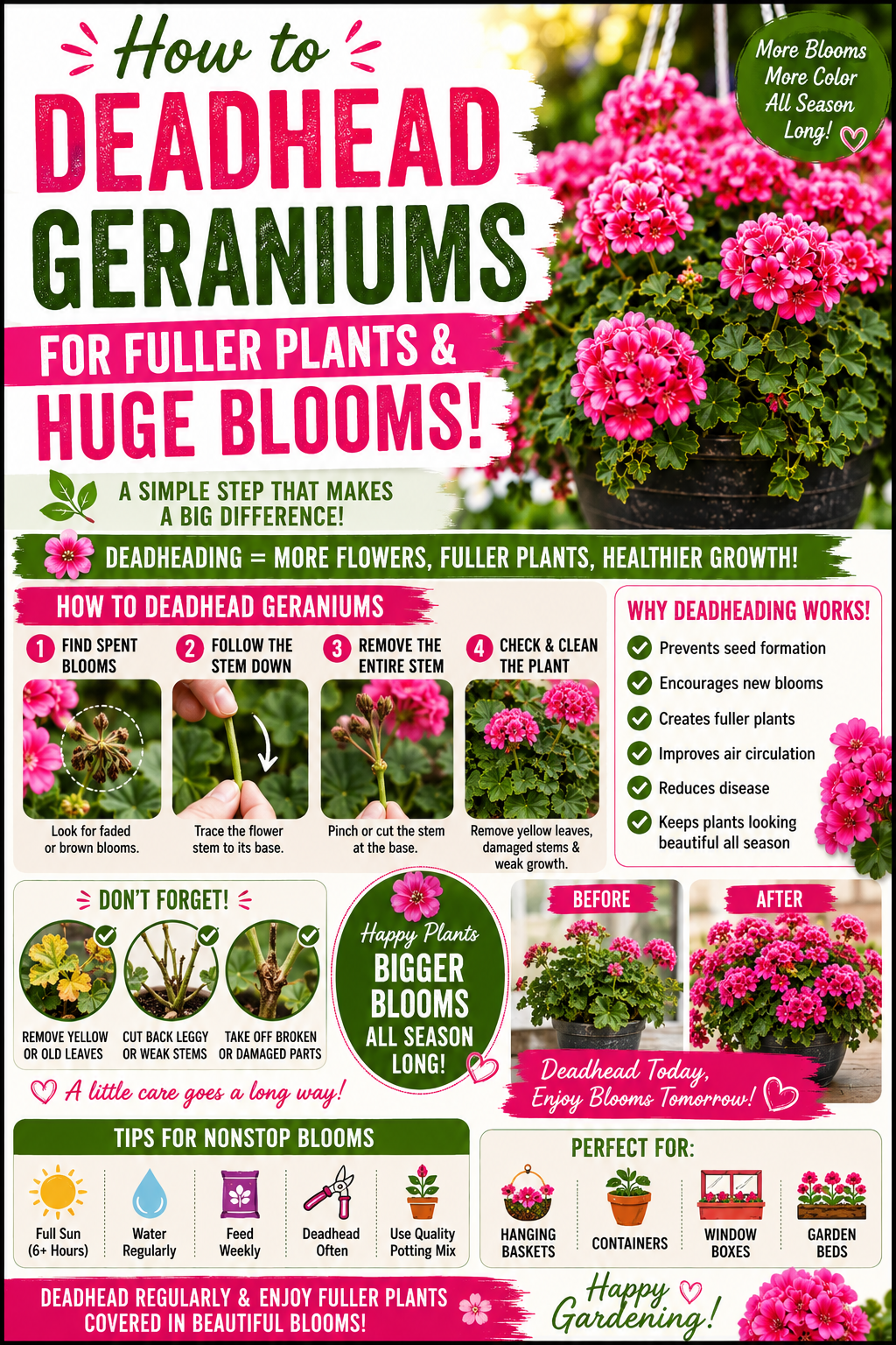 vibrant geranium plants with large colorful blooms showing how deadheading geraniums promotes fuller growth bigger flowers healthier branches and continuous blooming throughout the season