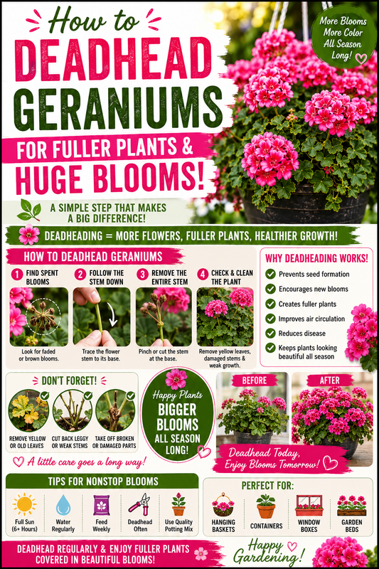 vibrant geranium plants with large colorful blooms showing how deadheading geraniums promotes fuller growth bigger flowers healthier branches and continuous blooming throughout the season