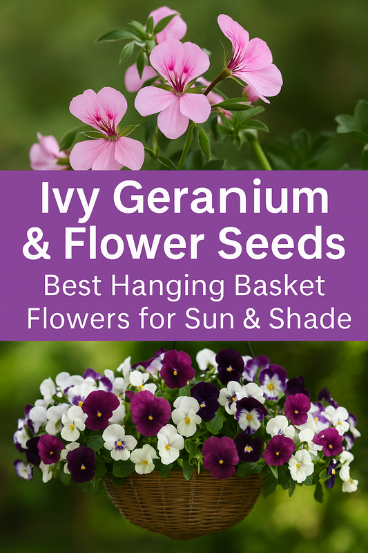 Bright hanging baskets overflowing with Wave Petunia, Ivy Geranium, Cool Wave Pansy, and Fuchsia — perfect flower seed combinations for sunny and shady spots.