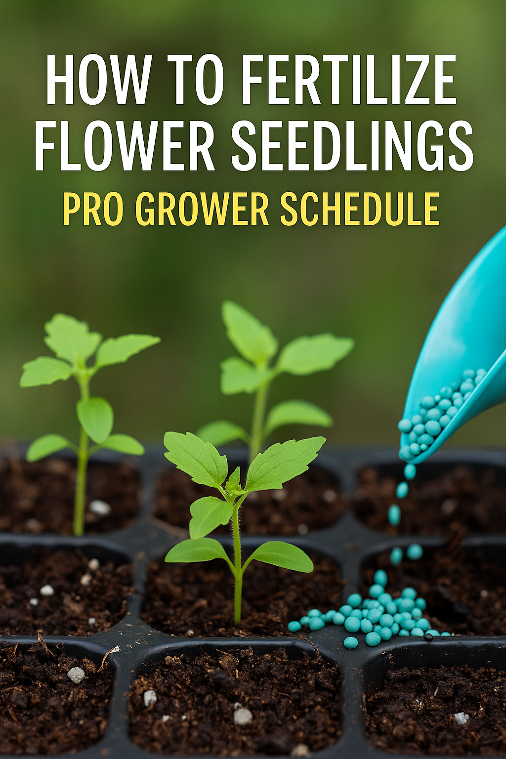 Gardener fertilizing flower seedlings in bright garden trays