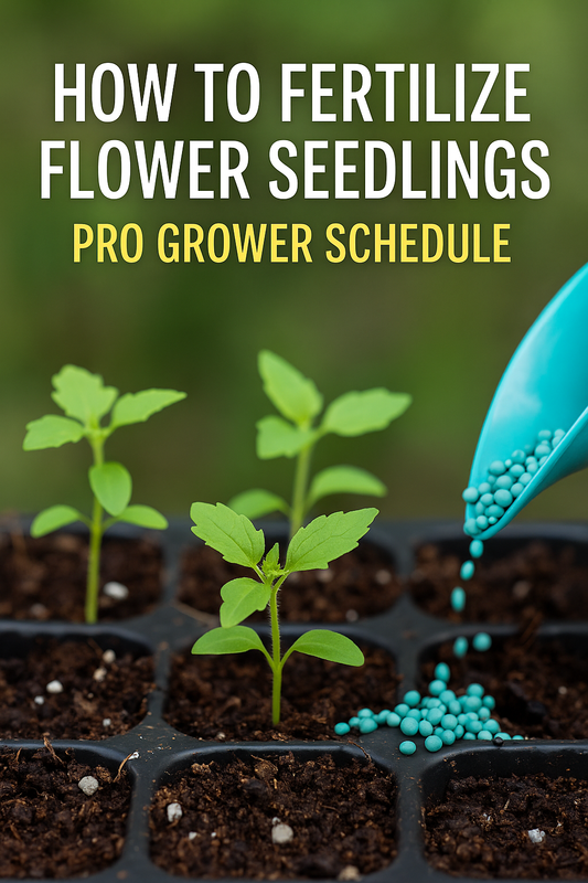 Gardener fertilizing flower seedlings in bright garden trays