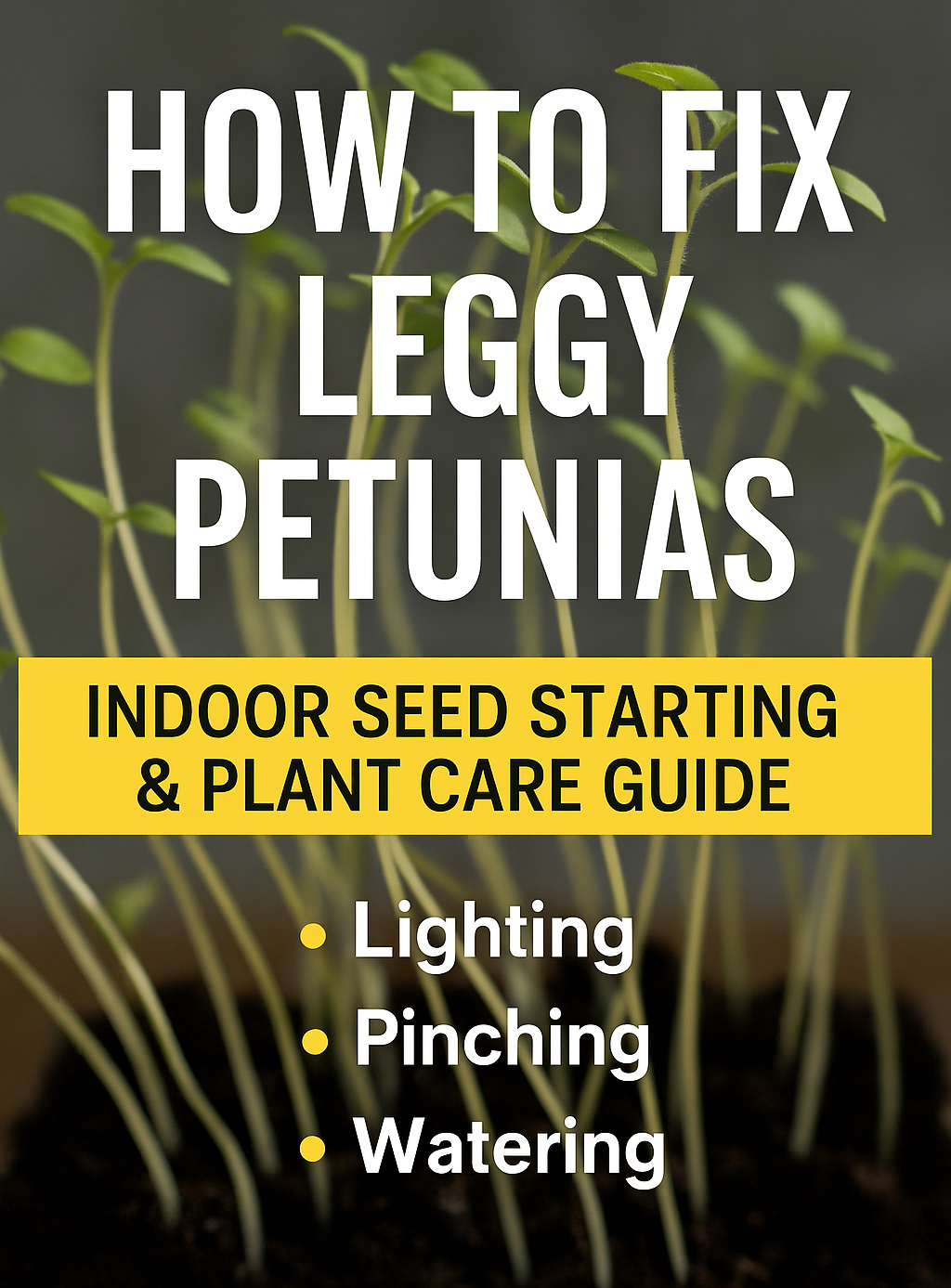 Leggy petunia seedlings with text overlay reading “How to Fix Leggy Petunias – Indoor Seed Starting & Plant Care Guide” highlighting lighting, pinching, and watering tips