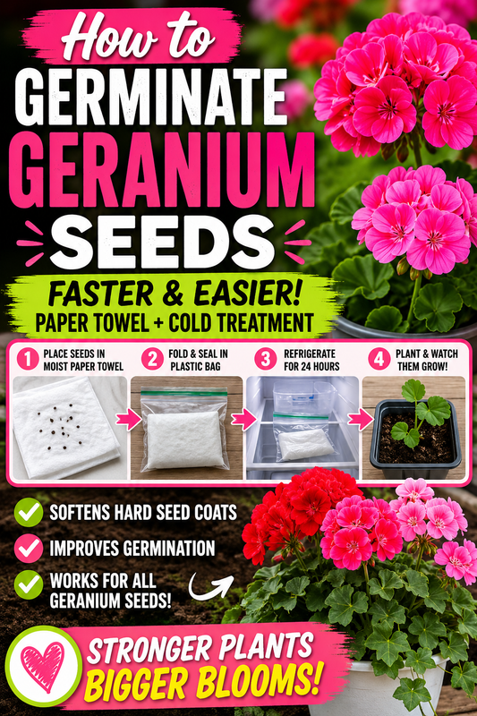 infographic showing how to germinate geranium seeds faster using the moist paper towel method and cold treatment for stronger plants and bigger blooms