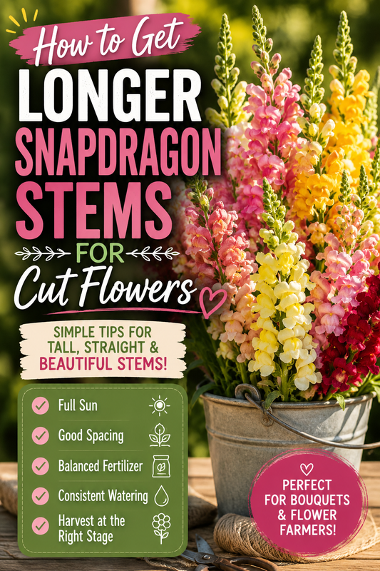 Long, colorful snapdragon flower stems growing in a garden, showing tips for producing tall, straight stems for bouquets and cut flower arrangements.