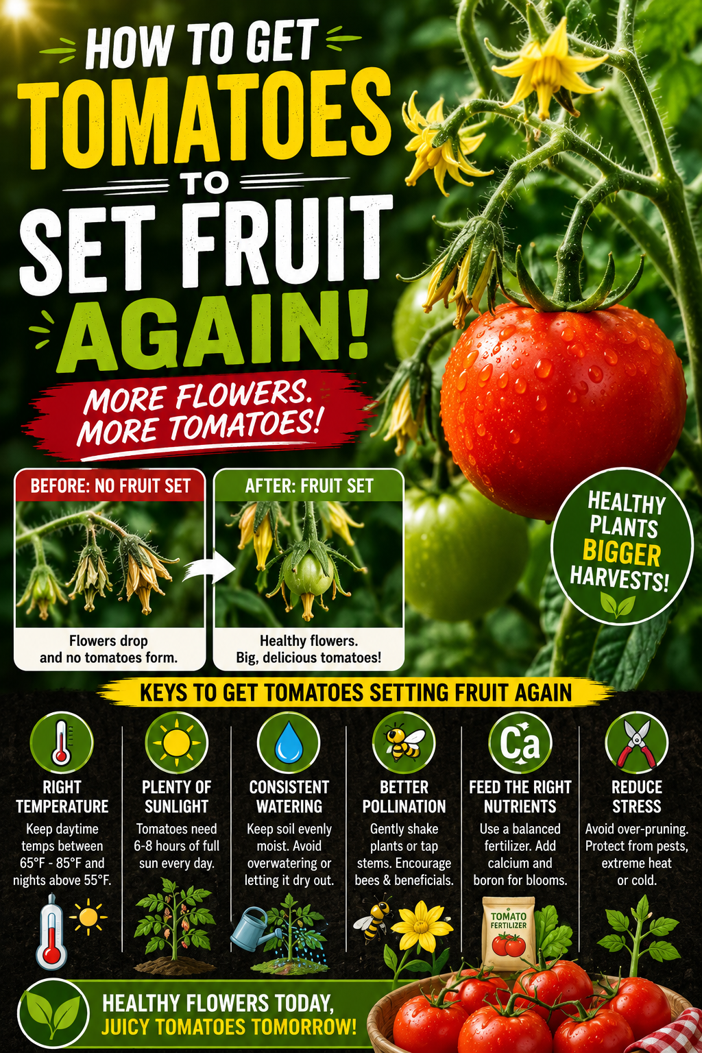 Healthy tomato plant with flowers and developing fruit showing tips to help tomatoes set fruit again for a bigger harvest.