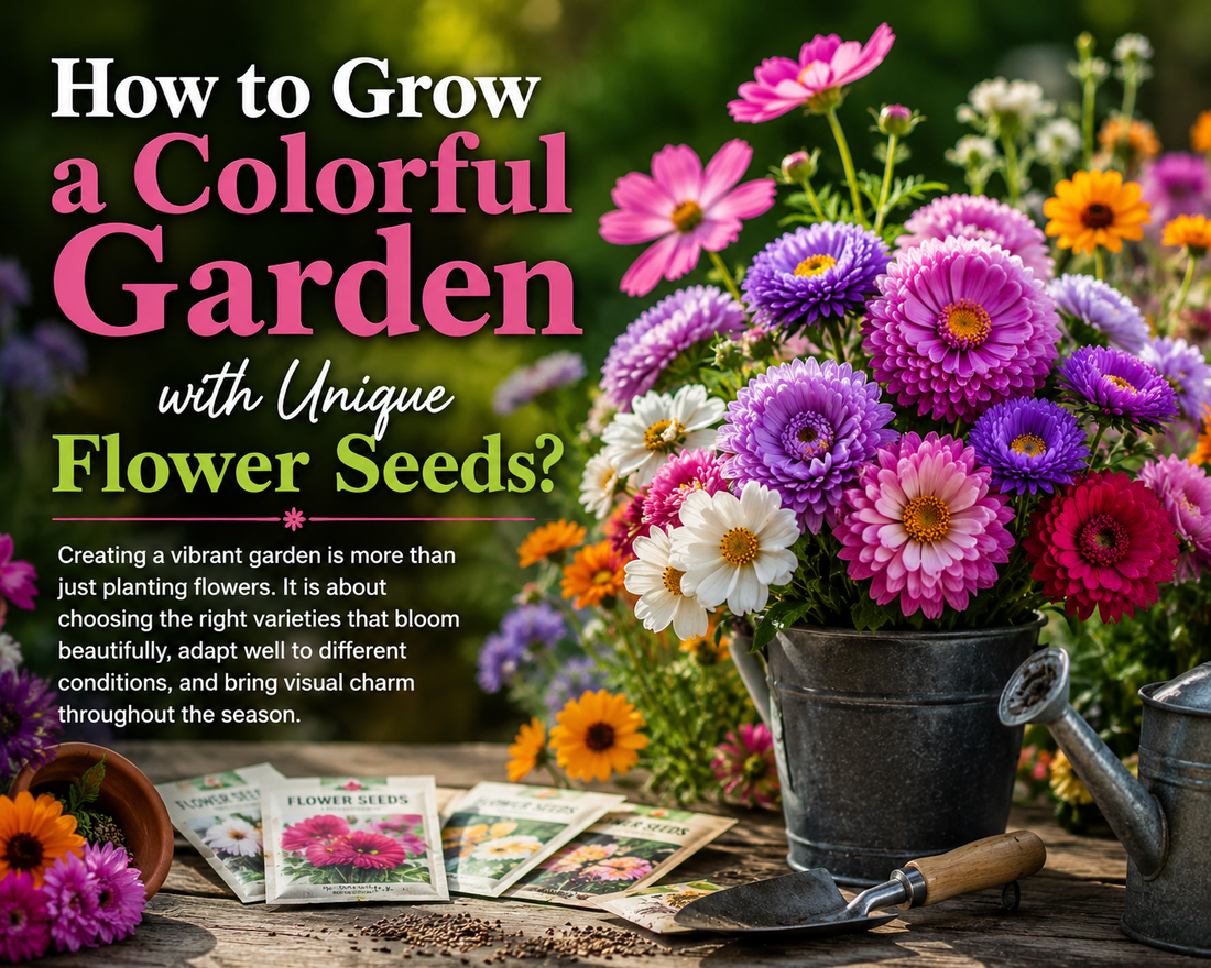 Colorful flower garden with asters and mixed blooms showing how to grow a vibrant garden using unique flower seeds