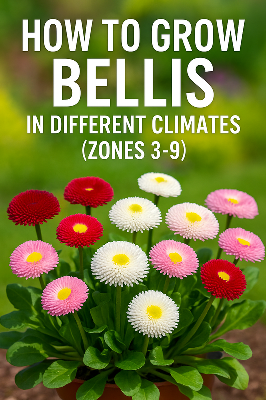 Bellis (English Daisy) flowers in white, pink, and red shown across different seasonal garden settings, representing how to grow Bellis in Zones 3–9