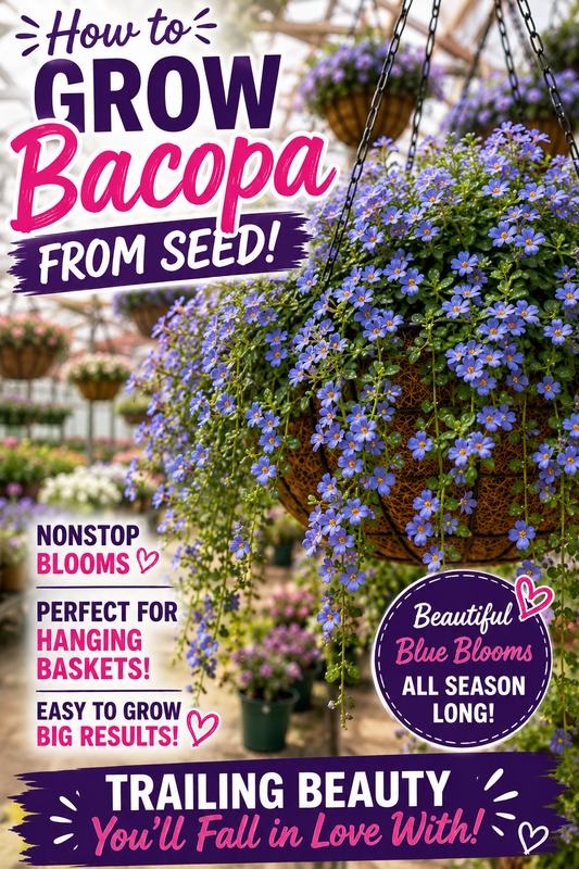Blue bacopa flowers trailing from hanging baskets inside a greenhouse with colorful blooms and seed growing inspiration