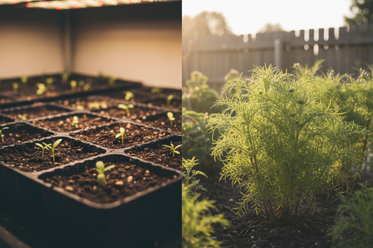 Cosmos seedlings growing from seed indoors and outdoors in a summer garden