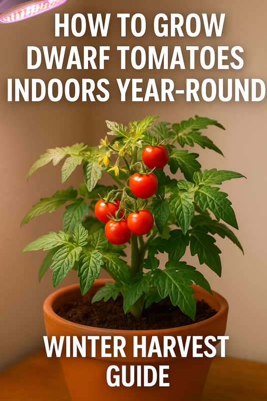Indoor dwarf tomato plants with ripe red and yellow fruit growing under LED lights near a sunny window — winter indoor tomato gardening setup