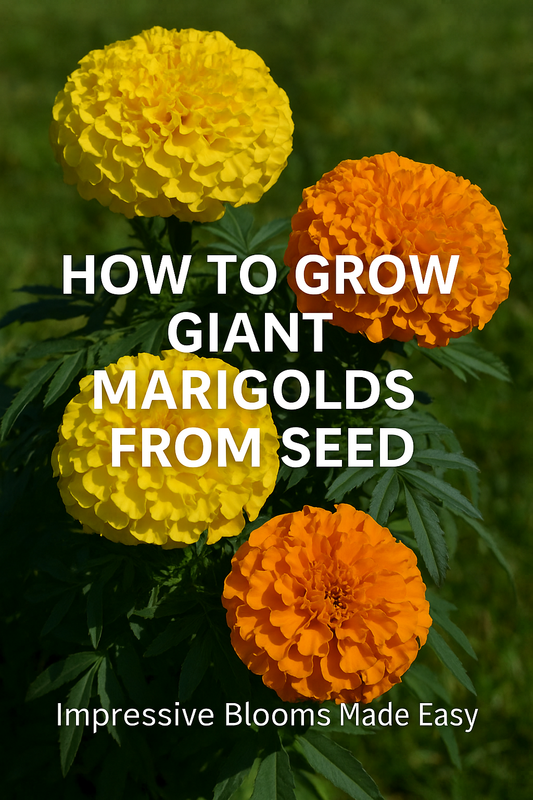 Bright yellow and orange African marigolds blooming in full sun with bold text “How to Grow Giant Marigolds from Seed | Impressive Blooms Made Easy