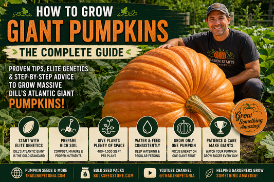 Massive Dill's Atlantic Giant pumpkin growing in a garden with expert tips for growing giant pumpkins from seed using the best genetics, soil preparation, watering, fertilizing, and care techniques.