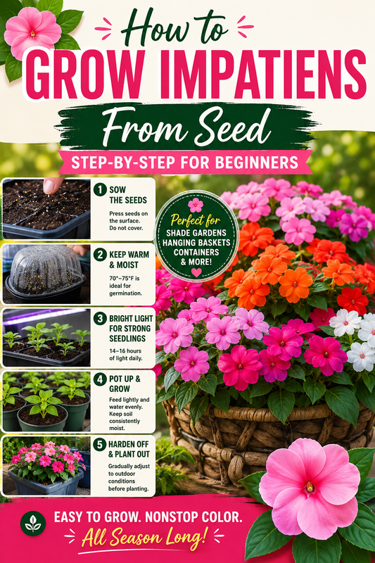 Step-by-step guide showing how to grow impatiens from seed, including seed sowing, germination, seedling care, transplanting, and colorful blooming impatiens flowers in containers and shade gardens.