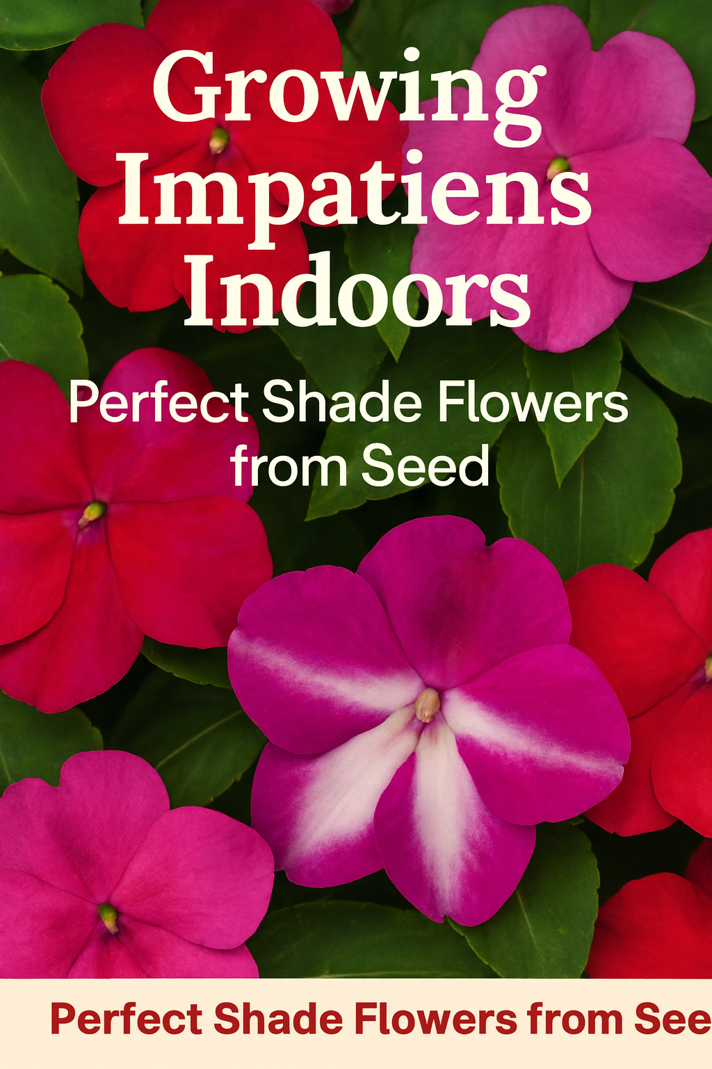 Vibrant pink and red impatiens flowers in full bloom surrounded by green foliage, perfect shade-loving plants grown from seed for outdoor beds and containers.