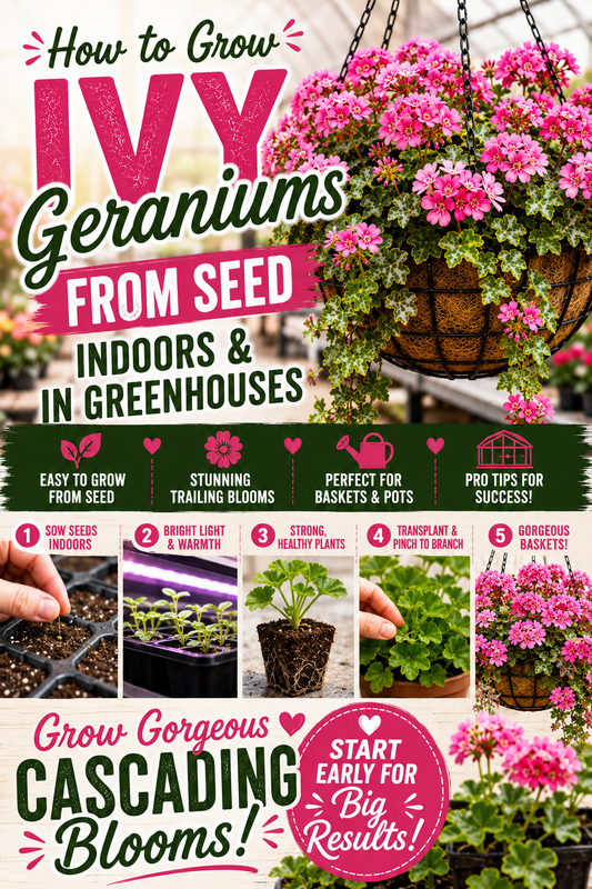 Healthy ivy geranium seedlings growing indoors in trays and greenhouse baskets filled with vibrant trailing blooms, demonstrating how to grow ivy geraniums from seed successfully.