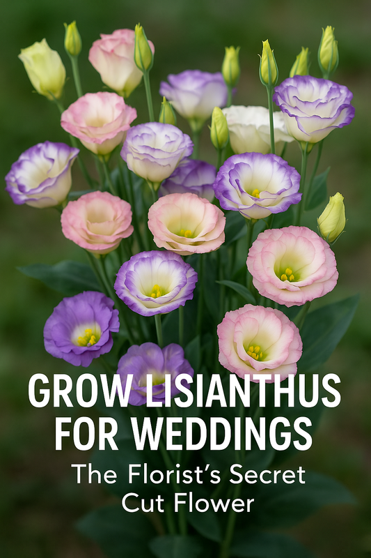 Lisianthus flowers in pastel shades arranged in a wedding-style bouquet, highlighting how to grow lisianthus from seed for weddings and events