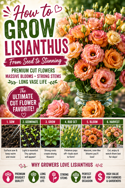 Peach and orange lisianthus flowers grown from seed showing premium cut flowers with strong stems and long vase life in a bouquet garden