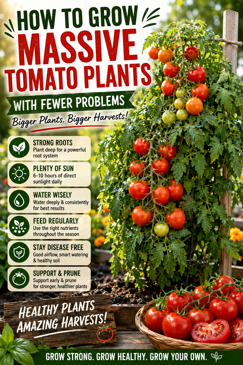 Large healthy tomato plant loaded with ripe tomatoes growing in a garden with strong stems, healthy foliage, and heavy fruit production.