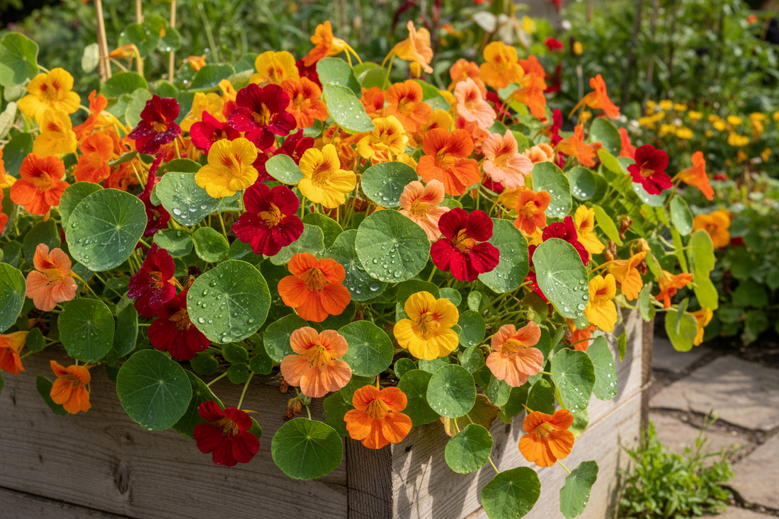 Colorful edible nasturtium flowers in red, orange, peach, and yellow blooming in a garden — nasturtium seeds grown from seed