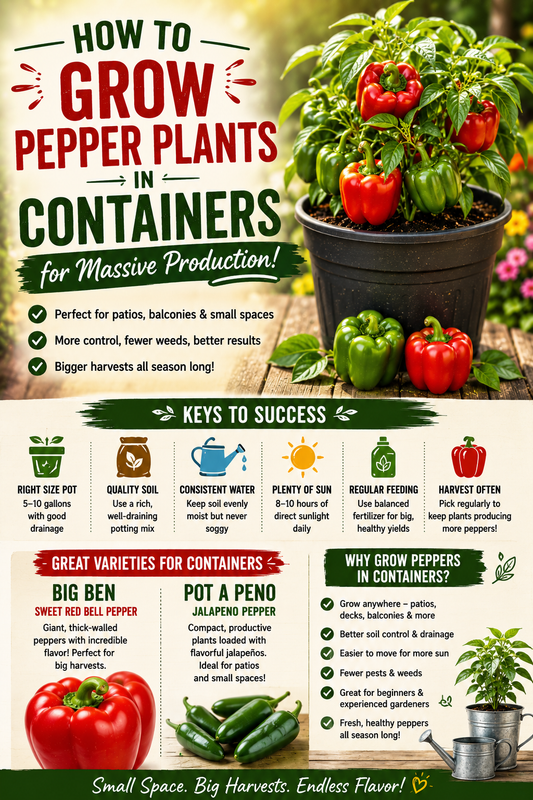 Healthy bell pepper and jalapeño plants growing in large containers with ripe peppers, showing how to grow productive pepper plants in pots for bigger harvests on patios, decks, balconies, and small gardens.