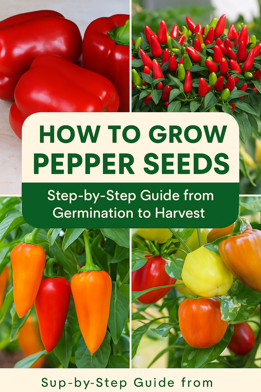 Colorful hot, sweet, and ornamental peppers in red, orange, and green shades growing on healthy plants — step-by-step guide to growing pepper seeds from germination to harvest.