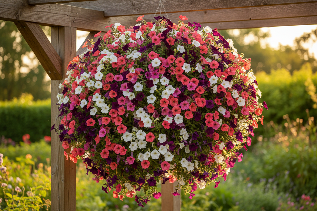 Lush petunia hanging basket overflowing with cascading mixed color blooms in coral, pink, purple and white in a summer garden
