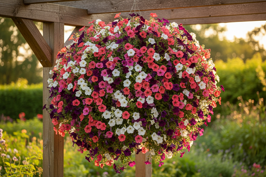 Lush petunia hanging basket overflowing with cascading mixed color blooms in coral, pink, purple and white in a summer garden