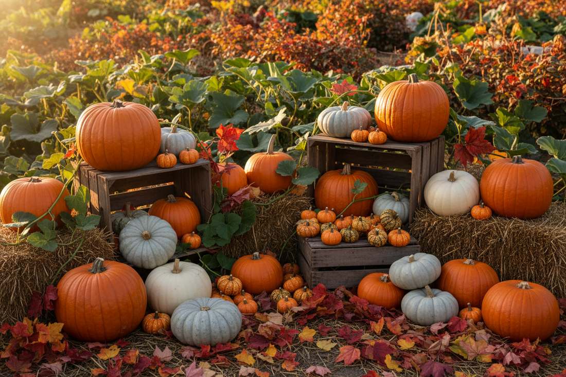 Variety of pumpkins including orange jack-o'-lantern, Cinderella, white, and mini pumpkins displayed on rustic wood and hay bales in a fall garden setting