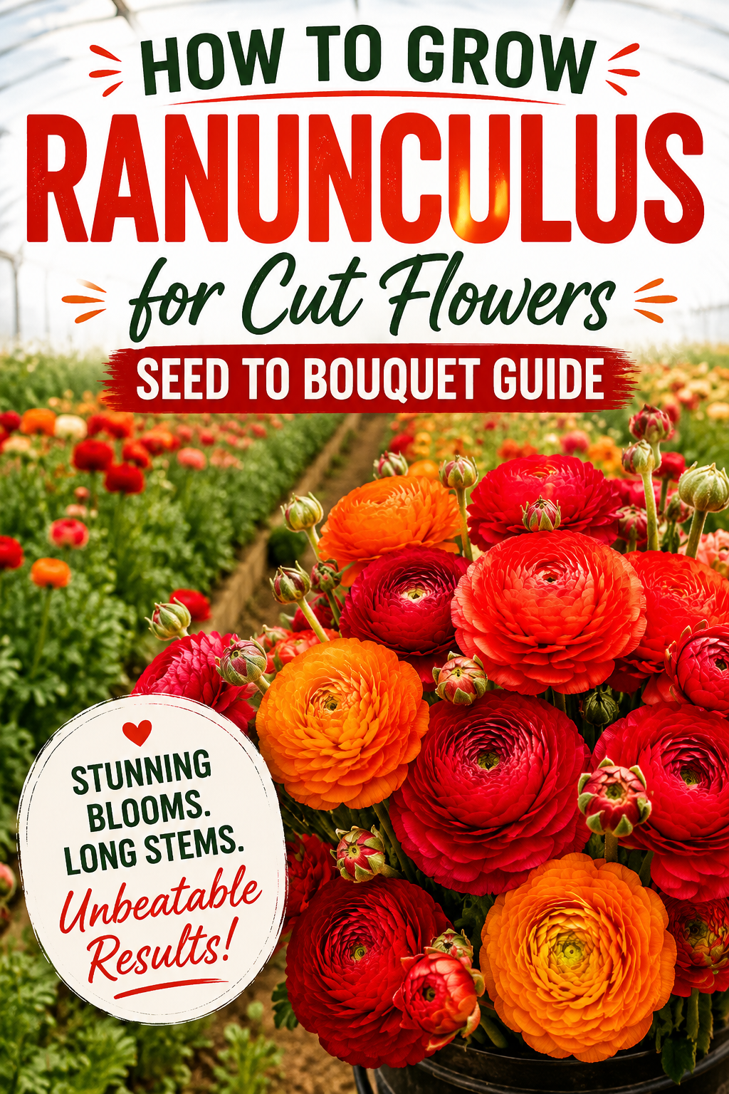 how to grow ranunculus for cut flowers in greenhouse with red and orange ranunculus bouquet blooms