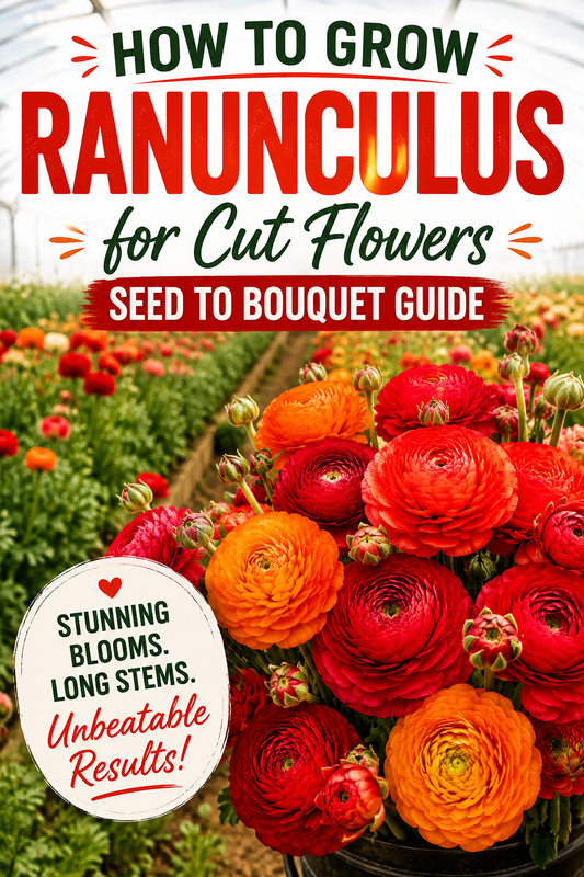 how to grow ranunculus for cut flowers in greenhouse with red and orange ranunculus bouquet blooms