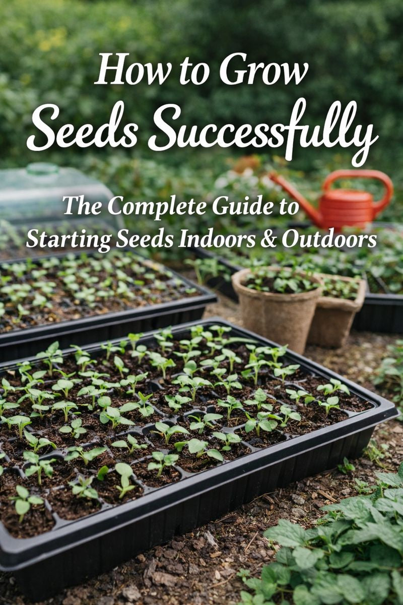 Seed starting trays with young seedlings growing outdoors