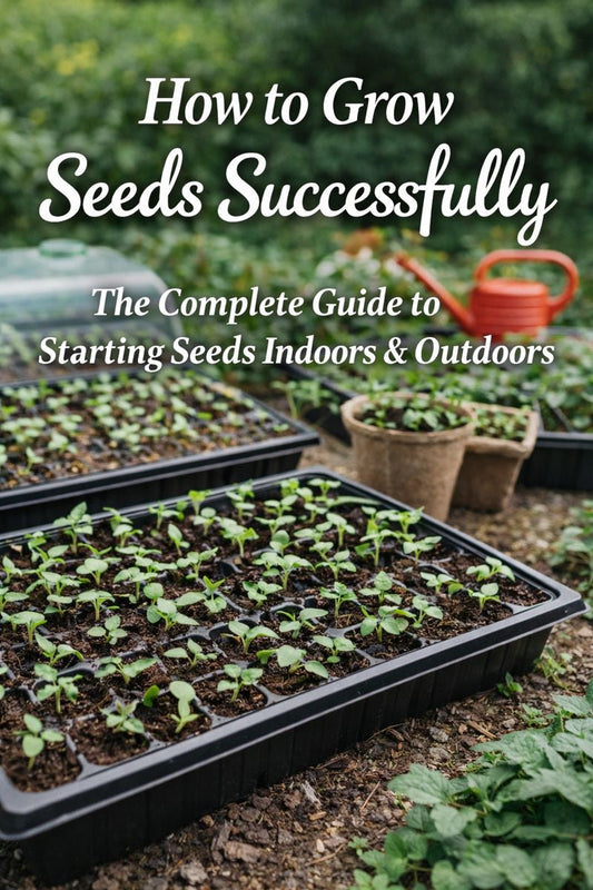 Seed starting trays with young seedlings growing outdoors