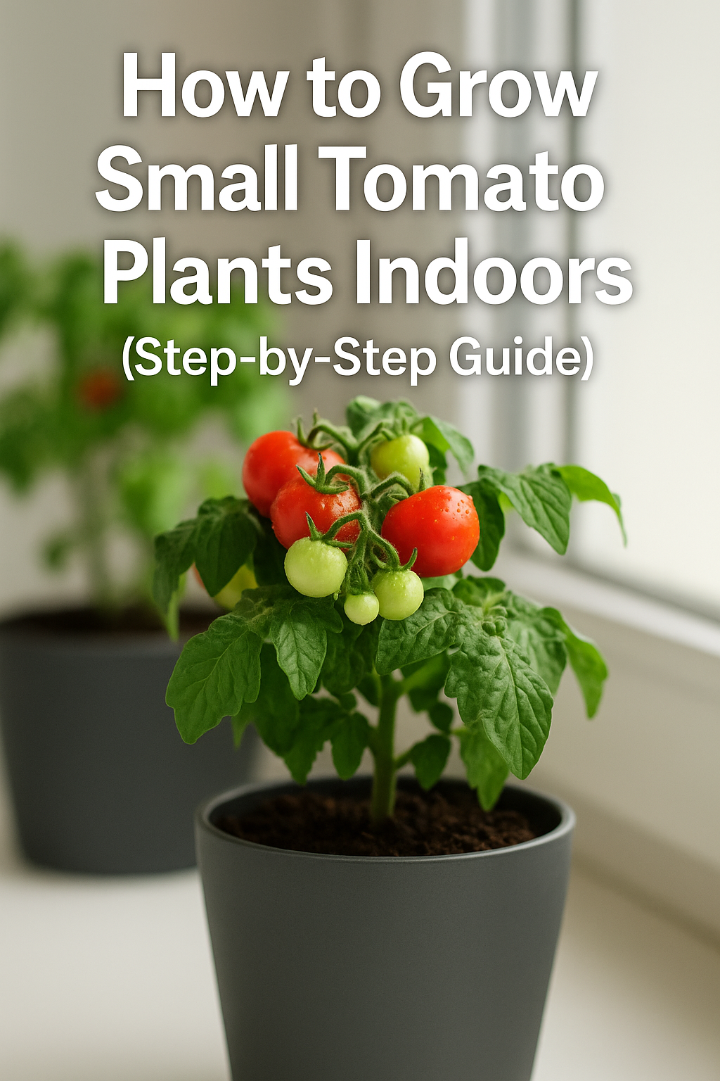 Small tomato plants growing indoors in pots near a sunny window — bright red and green tomatoes showing how to grow dwarf tomato plants inside