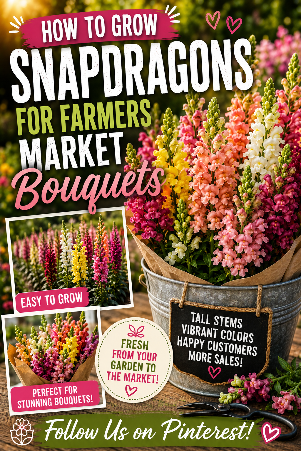 Colorful snapdragon bouquets with long stems ready for a farmers market stand, showcasing tips for growing florist-quality snapdragons from seed.
