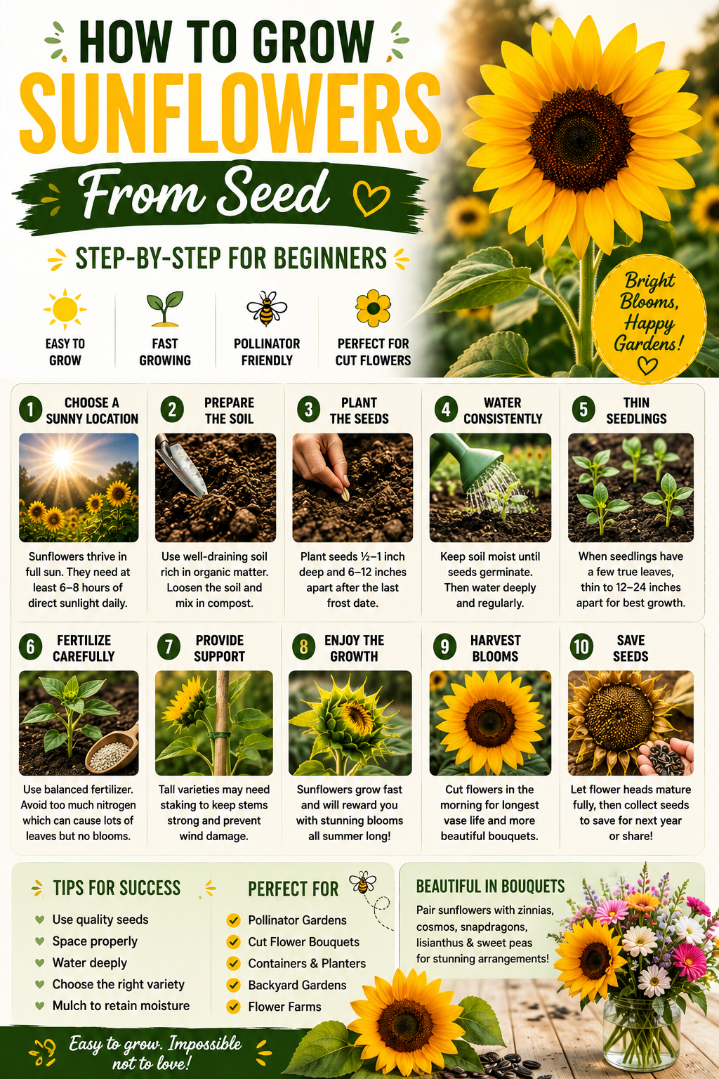 How to grow sunflowers from seed step by step for beginners showing sunflower planting, seed starting, watering, thinning seedlings, and growing healthy blooms from seed