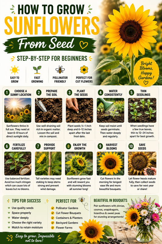 How to grow sunflowers from seed step by step for beginners showing sunflower planting, seed starting, watering, thinning seedlings, and growing healthy blooms from seed